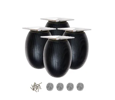 Four black wooden furniture legs with silver tops and a pile of screws and felt pads.