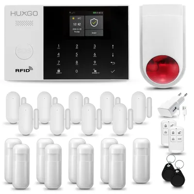 Image de Système d'alarme sans fil HUXGO HXA005, WiFi + GSM 4G, avec sirène sans fil. Système d'alarme pour la maison, comprenant 9 détecteurs de mouvement PIR, 9 capteurs de porte/fenêtre et compatible avec l'application Tuya