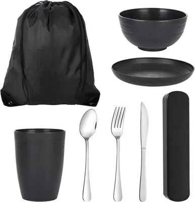 Productafbeelding van 8 stuks campingservies, zwart, kunststof, campingbestekset met