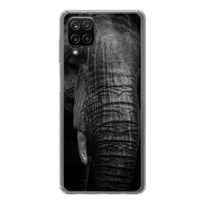 Produktbild von MuchoWow® Handyhülle Schutzhülle Hülle für Samsung Galaxy A12 Elefant auf schwarzem Hintergrund in schwarz und weiß Silikon Softcase Handy Hülle - Bild
