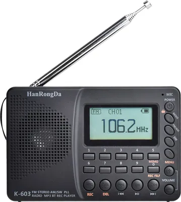 A black portable radio with an extended antenna, displayed against a white background.