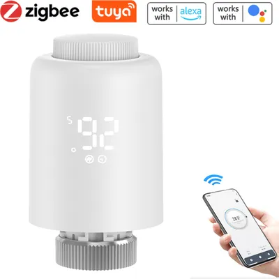 A smart thermostat valve with a digital display and a smartphone showing app control.