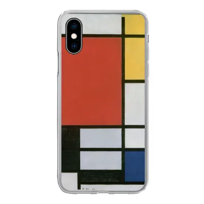 A clear, front-facing product shot of an iPhone case with a Piet Mondrian-inspired design.