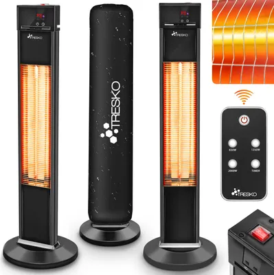 A collage of images showing a TRESKO infrared heater, its heating element, a remote control, and a protective cover.