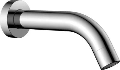 A chrome-plated faucet spout is mounted on a white background.
