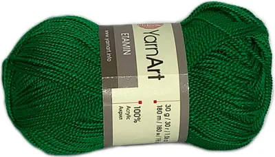 A ball of green yarn on a white background.