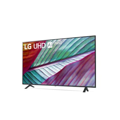 A modern LG television with a colorful abstract image displayed on its screen, set against a white background.