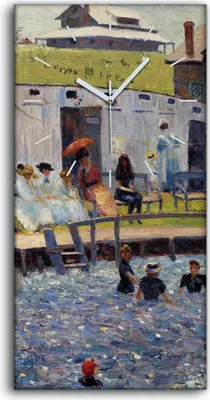 Produktbild von Wandbild Leinwand Bilder Wanduhr 30x60 Gemälde See Dorf Boot Wald Bäume Kunst - weiße Hände