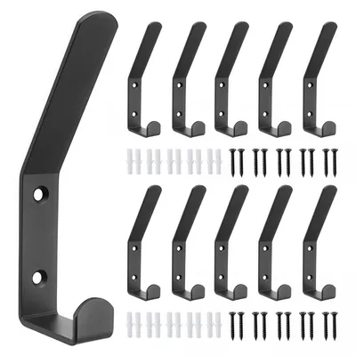 Produktbild von 10 große Kleiderhaken, 2 cm breit, schwarze Metallhaken für Akustikpaneele, Zubehör für Akustikpaneele mit Gummistopfen und Schrauben für Schlafzimmer, Küche, Badezimmer, Wandpaneele, Kleiderhaken