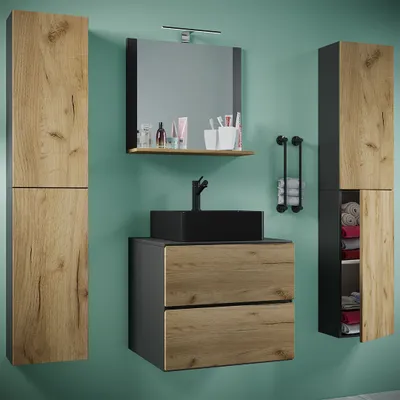 Produktbild von VCM 5-tlg. Waschplatz Waschtisch | schwarzes Waschbecken Unterschrank Breite 60 cm |  Badmöbel Set mit Schubladen Drehtüren Spiegel | Lendas S BL