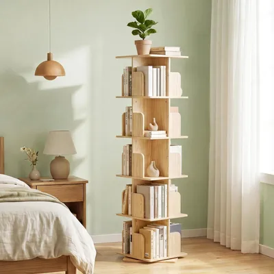 Immagine prodotto di Libreria girevole a 360°, 5 ripiani, legno naturale, 40x40x156 cm