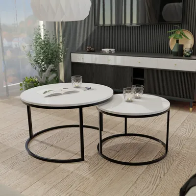 Produktbild von Idohome - Runder Couchtisch 2in1 LAVO mit Metalgestell, 80x48 cm+60x42 cm (Ø x H) Farbe: Schwarz / Weiß Hochglanz