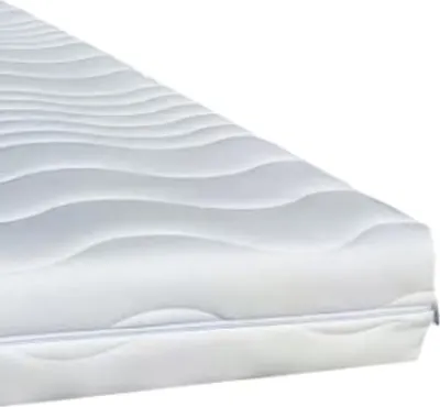 A close-up, angled view of a white mattress with a wavy quilted pattern.