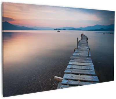Produktbild von Wallario Premium Leinwandbild Steg am See- Idylle bei Sonnenuntergang in Größe 60 x 90 cm