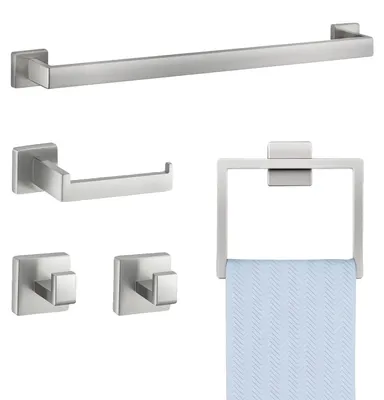 Imagen del producto de VEVOR: Juego de accesorios para baño de acero inoxidable 304 (5 piezas), que incluye barra para toallas, soporte para toallas (anillo cuadrado), 2 ganchos y dispensador de papel higiénico, para baño, montaje en pared, color plateado