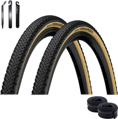 Produktbild von 2 x Faltreifen Continental Terra Speed Protection TL-Ready E-25 Schwarz/Creme 40-584 (27,5x1.5) + 2 x passende Schläuche AV inkl. Reifenheber