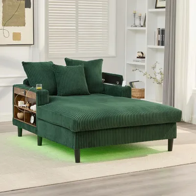 Produktbild von MODFU Liegesessel Loungesofa mit LED-Beleuchtung und USB-Ladeport Schlafsofa mit Stauraum und Seitentasche Multifunktionaler 1-Sitzer-Sofa mit großer Liegefläche Grün