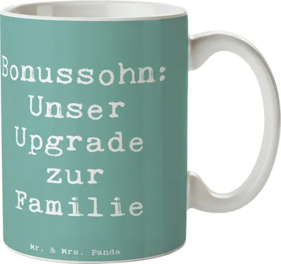 Produktbild von Mr. & Mrs. Panda Tasse mit Spruch Spruch Bonussohn Wertschätzung - Meeresbrise - Geschenk, Pott, Kaffeetasse, Trinkbecher, Teetasse, Geschenke, Liebe, Familienbindung