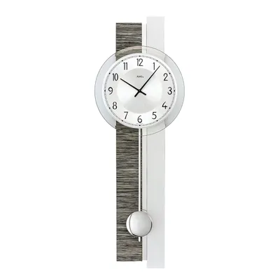 Immagine prodotto di AMS 7439 Orologio da parete al quarzo con pendolo grigio argento orologio a pendolo in legno con vetro