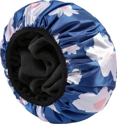 Zdjęcie produktu dla Czapka kąpielowa dla kobiet – ochrona przed wysuszeniem – niebieska – 33 cm – satyna – akcesoria łazienkowe