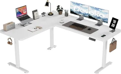 Zdjęcie produktu dla Stół biurko z regulacją wysokości, kształt L, 160 x 140 cm, biurko narożne z elektryczną regulacją wysokości, ergonomiczny biurko do pracy stojącej i siedzącej, biurko komputerowe (biały)