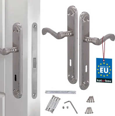 A product shot of door handles and related hardware, presented on a white background with a product tag.