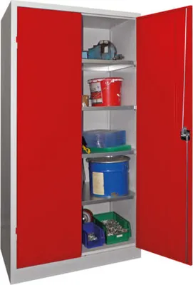 Produktbild von Flügeltürenschrank - Vollblechtüren - 1.950x1.000x600 mm (HxBxT) - 4 Einlegeböden verzinkt - Zylinderschloss - tiefschwarz/rubinrot