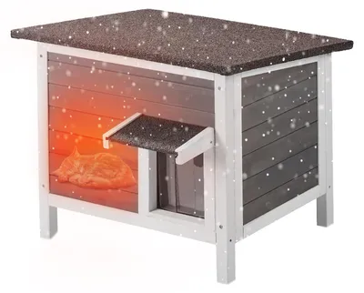 Productafbeelding van SKYSHALO: Weerbestendig kattenhuis voor buiten, een beschutte plek. Houten constructie met uitgebreide schuimisolatie, deksel met scharnier, PVC-ingangen. Afmetingen: 61 x 50 x 53 cm (L x B x H)