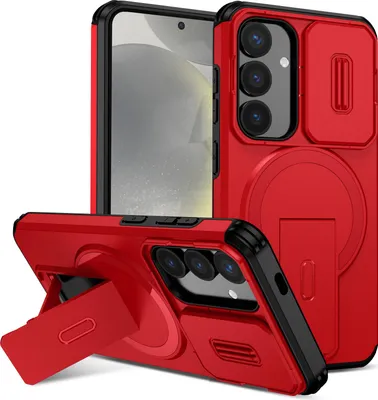 Immagine prodotto di Custodia magnetica per Samsung Galaxy S25/S24, custodia resistente a due strati con protezione della fotocamera scorrevole e supporto regolabile Rosso