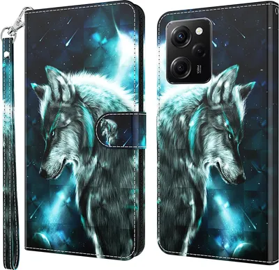 A wallet-style phone case with a wolf design.
