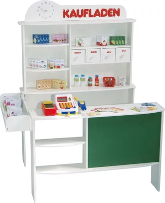 Produktbild von roba Kaufladen, inkl. Kaufladenzubehör, Holz weiß, mit 4 Schubladen, Uhr, Tafel, Theke & Seitentheke