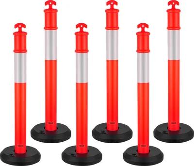 Obrázok produktu pre VEVOR dopravné vymedzovacie stĺpiky 6 ks (114 cm) s vyplniteľnou základňou a reflexnými pásmi, výstražné stĺpiky na staveniská, parkoviská, zábrany na kontrolu davu, červené