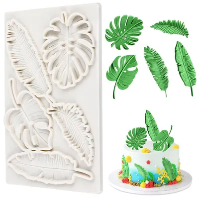 Image de Moules en silicone en forme de feuilles, pour décorations de gâteaux en fondant 3D, mini palmiers, moules pour pâtisserie