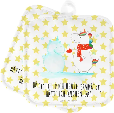 Produktbild von Mr. & Mrs. Panda Topflappen Einhorn Schneemann - Weiß - Geschenk, Kochlappen, Winter, Set, Unicorn, Kuchen, Topfuntersetzer, topfhalter, Weihnachten, Schnee, Doppel