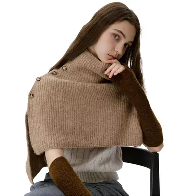 Produktbild von Schultertuch mit Knöpfen, Multifunktionaler Strickschal, Pulloverschal Poncho 50x58cm, Braun