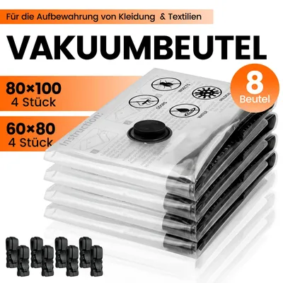 Produktbild von Vakuumbeutel 8 Stück 4Jumbo 80x100cm+4 Groß 60x80cm Aufbewahrungsbeutel Reise Vakuum Wiederverwendbar Kleiderbeutel für Kleidung Bettdecken Bettwäsche
