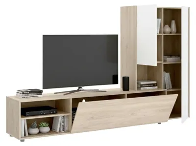 Produktbild von Wohnzimmermöbel Ainos, Modulares Wohnzimmerset, Mehrzweck-Wohnzimmermöbel, Moderner TV-Schrank, 227x40 h141 cm, Weiß und Eiche