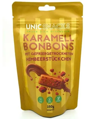 Produktbild von Unicsnacks Karamell Bonbons mit gefriergetrockneten Himbeerstückchen 150g