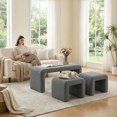 Zdjęcie produktu dla Zestaw trzypięciowy: ławka tapicerowana z dwoma taboretami, idealna do sypialni, salonu lub przedpokoju. Konstrukcja metalowa. Nowoczesny design. Wymiary: 103x43x44 cm. Kolor: szary