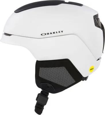 A white Oakley ski helmet with black accents, shown from the side.