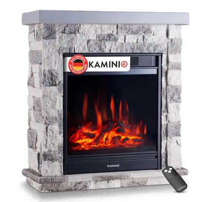 Produktbild von KAMINIO Elektrokamin JUAN - Elektrischer Standkamin in Steinoptik mit Heizung, 3D-Flammeneffekt, Fernbedienung (Grau)