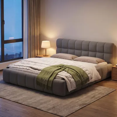 Produktbild von INONEFT Polsterbett Bubble 140x200 cm, Doppelbett Flachbett mit gepolstertem Kopfteil und Lattenrost, Jugendbett Bodenbett Modern, Grau, Leinen