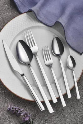 A set of cutlery is arranged on a plate, with a blue cloth in the background.