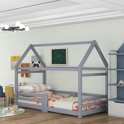Produktbild von okwish Kinderbett Hausbett 90 x 200 cm, Holzbett für Kinder mit Tafel Lattenrosten Rausfallschutz, aus Kiefernholz, Grau (ohne Matratze)