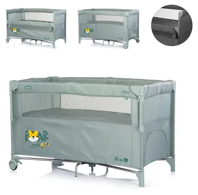 Produktbild von Chipolino Reisebett Relax 2 Ebenen, Vorderseite absenkbar, Seiteneingang, Tasche grün grau