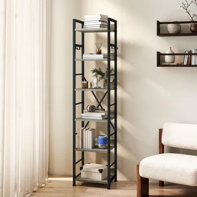 Produktbild von YITAHOME Bücherregal, Standregal, mit 6 Ebenen, Leiterregal, Büroregal, mit 4 Haken, 183 cm, Grau