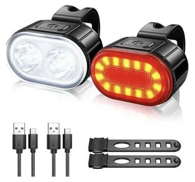 Produktbild von Fahrradlampen Set LED Fahrradbeleuchtung Vorderlicht Rücklicht Akku USB schwarz 200 lm 6 Modi