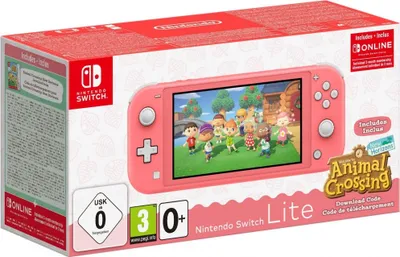 A pink Nintendo Switch Lite console is displayed on its packaging box, which features game artwork and rating information.