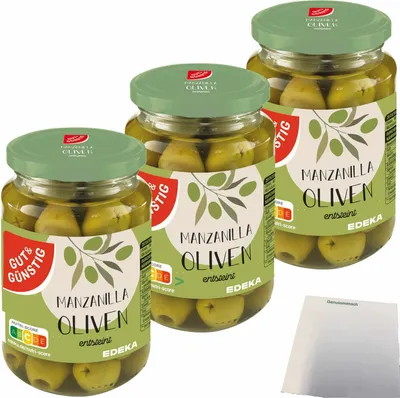 Produktbild von Gut & Günstig Manzanilla Oliven grün entsteint 3er Pack (3x340g Glas) + usy Block