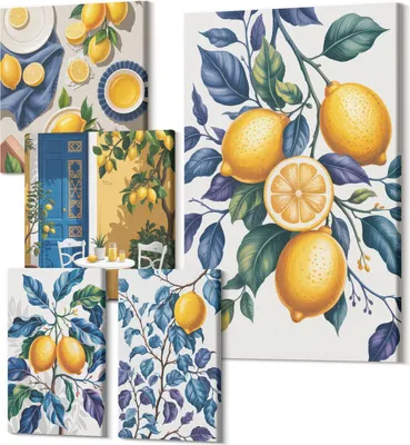 Obrázek produktu pro Sada Obrazů Na Plátně – Polycanvas – Moderní Nástěnné Umění – Obrazy Do Ložnice – Viacdílný Set – Minimalistické Obrazy – Tip Na Dárek – 2x 30x30 cm + 2x 20x30 cm + 1x 40x60 cm – Citrusové inspirace v provensálském stylu do kuchyně